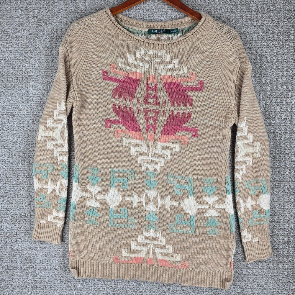 Lauren Ralph Lauren Southwestern Aztec Knit Sweater Medium‎ Tan Cotton Linen